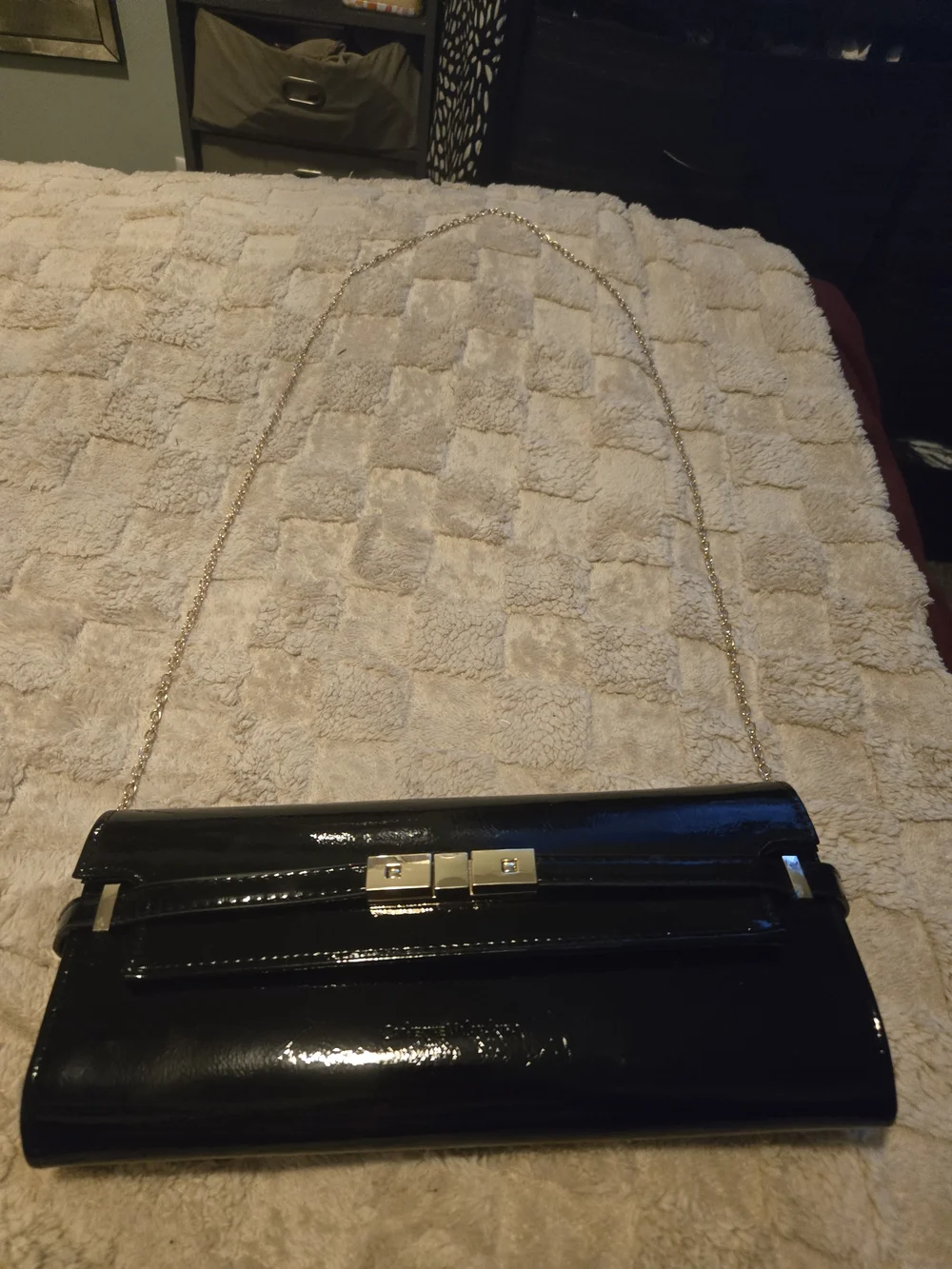 Black Patent Leather Chain Wristlet Clutch with Gold Hardware